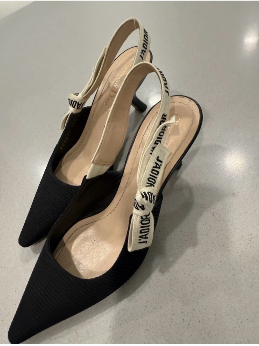 Dior Black Pointed Toe Slingback Heels with J'Adior Ribbon - Picture 2 of 4